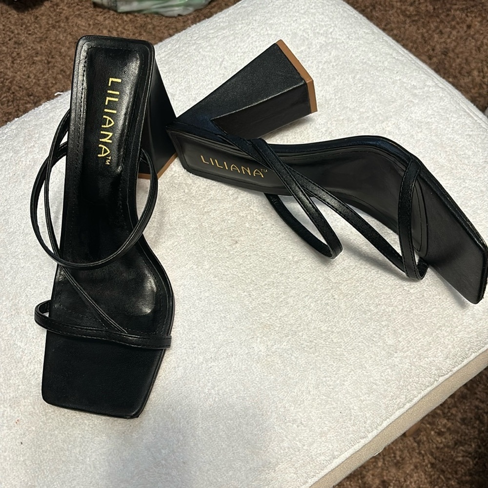 Liliana Black Strappy Square Toe Block Heels